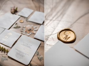 A shimmering gold wedding invitation sealed with elegance.