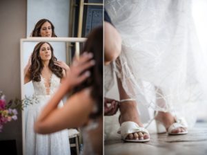 A bride getting ready in her wedding dress at 501 Union in Brooklyn.