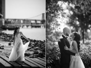Wedding photos of a bride and groom on a dock by the water at 74 Wythe.