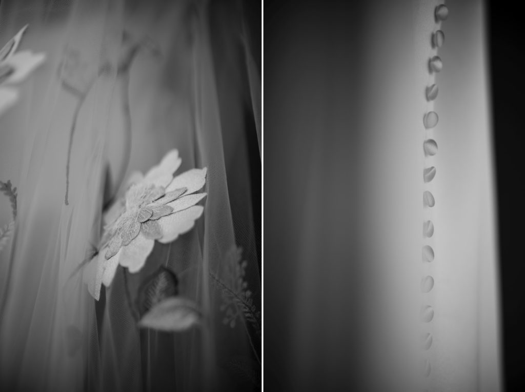 A black and white photo of a wedding dress and flowers in Brooklyn.