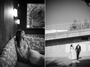 Two black and white wedding photos of a bride and groom at 74 Wythe.