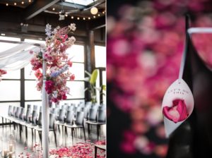 A wedding ceremony at 501 Union in Brooklyn, adorned with pink flowers and confetti.