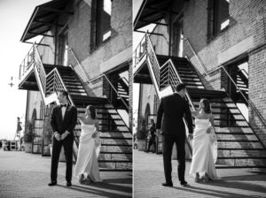 Two black and white photos of a bride and groom standing in front of stairs during their New York wedding.