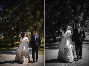 Two photos of a bride and groom walking down a path at Riverside Farm during their summer wedding.