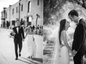 Black and white photos of a bride and groom walking down the street in New York.
