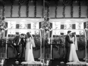 Two black and white photos of a Brooklyn wedding, featuring a bride and groom kissing at 501 Union.