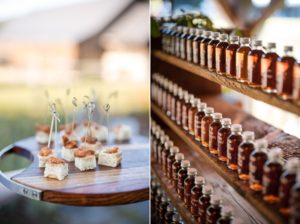 A summer wedding reception at Riverside Farm featuring bottles of whiskey on display.