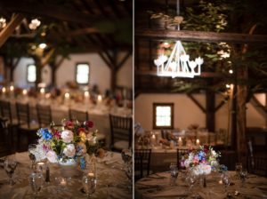 Two pictures of a summer wedding reception at Riverside Farm in a barn.
