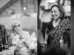 Two black and white photos of a woman wearing a hijab at a summer wedding at Riverside Farm.