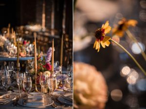 A romantic table setting with flowers and candles for a wedding in New York.
