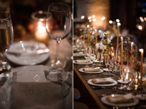 A romantic wedding table setting in New York with candles and wine glasses.