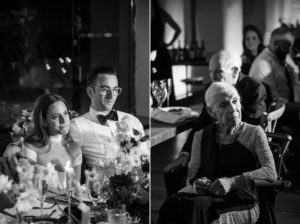 Two black and white photos capturing the elegance of a wedding reception in New York.