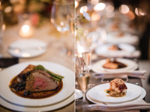 Two pictures of a dinner table at a wedding in New York, adorned with delicious food.