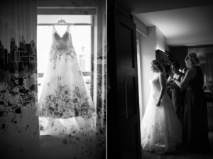 A bride and her bridesmaids are getting ready for their New York wedding in a hotel room.