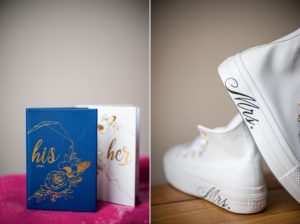 A pair of white converse shoes with gold lettering on them, perfect for a wedding in New York.