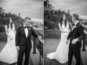 Two black and white photos of a bride and groom on their wedding day.