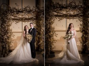 Two photos of a wedding couple posing in front of an arch in New York.