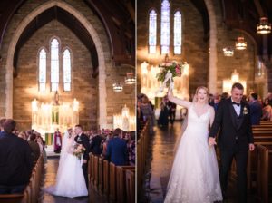 A bride and groom from New York walking down the aisle of a church in their beautiful wedding ceremony.