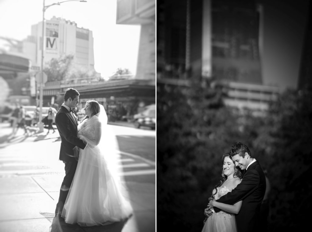 Two black and white photos of a bride and groom on the streets of New York during their wedding.