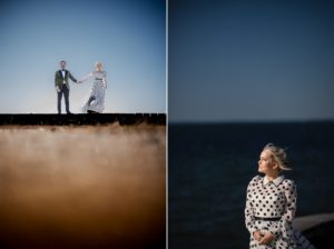 Two pictures of a bride and groom standing on a pier in New York, capturing their wedding moments.