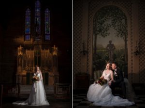 A bride and groom posing in front of a stained glass window for their wedding in New York.