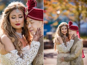 An Indian bride and groom posing for a wedding photo in New York.