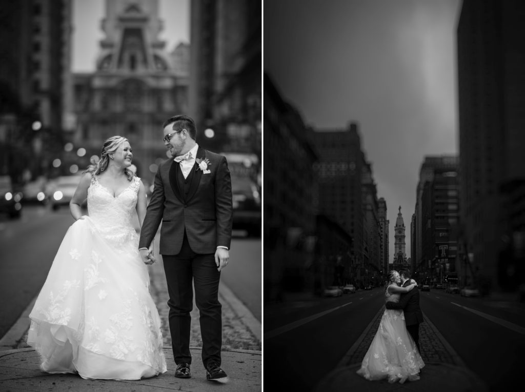 A bride and groom standing on a city street in New York.