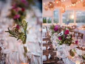 A table set with flowers and candles in a tent, creating an elegant ambiance for a New York wedding.