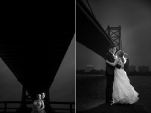 Black and white wedding photos of a bride and groom standing under a bridge in New York.