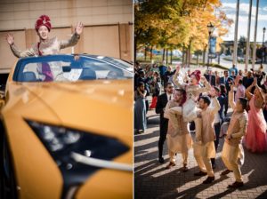 A New York wedding in a yellow car with the bride and groom waving.