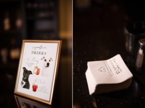 A photo of a wedding-themed bar in New York with a drink menu and a sign.