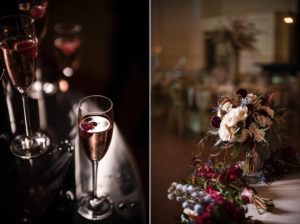 Two pictures of champagne glasses and flowers on a wedding table in New York.