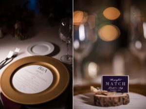 An elegant table setting with a gold plate and a place card, perfect for a wedding in New York.