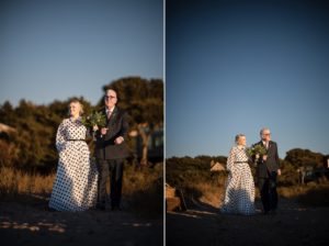A bride and groom enjoying their wedding on a beautiful New York beach at sunset.