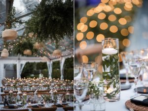 A romantic wedding reception set up in a tent in New York, adorned with candles and greenery.