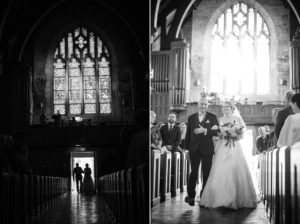 A wedding couple walking down the aisle of a church in New York City.