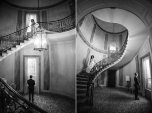 Two black and white photos of a bride and groom standing on a staircase in New York City after their wedding.