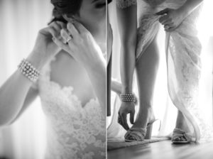A bride in New York is putting on her wedding shoes.