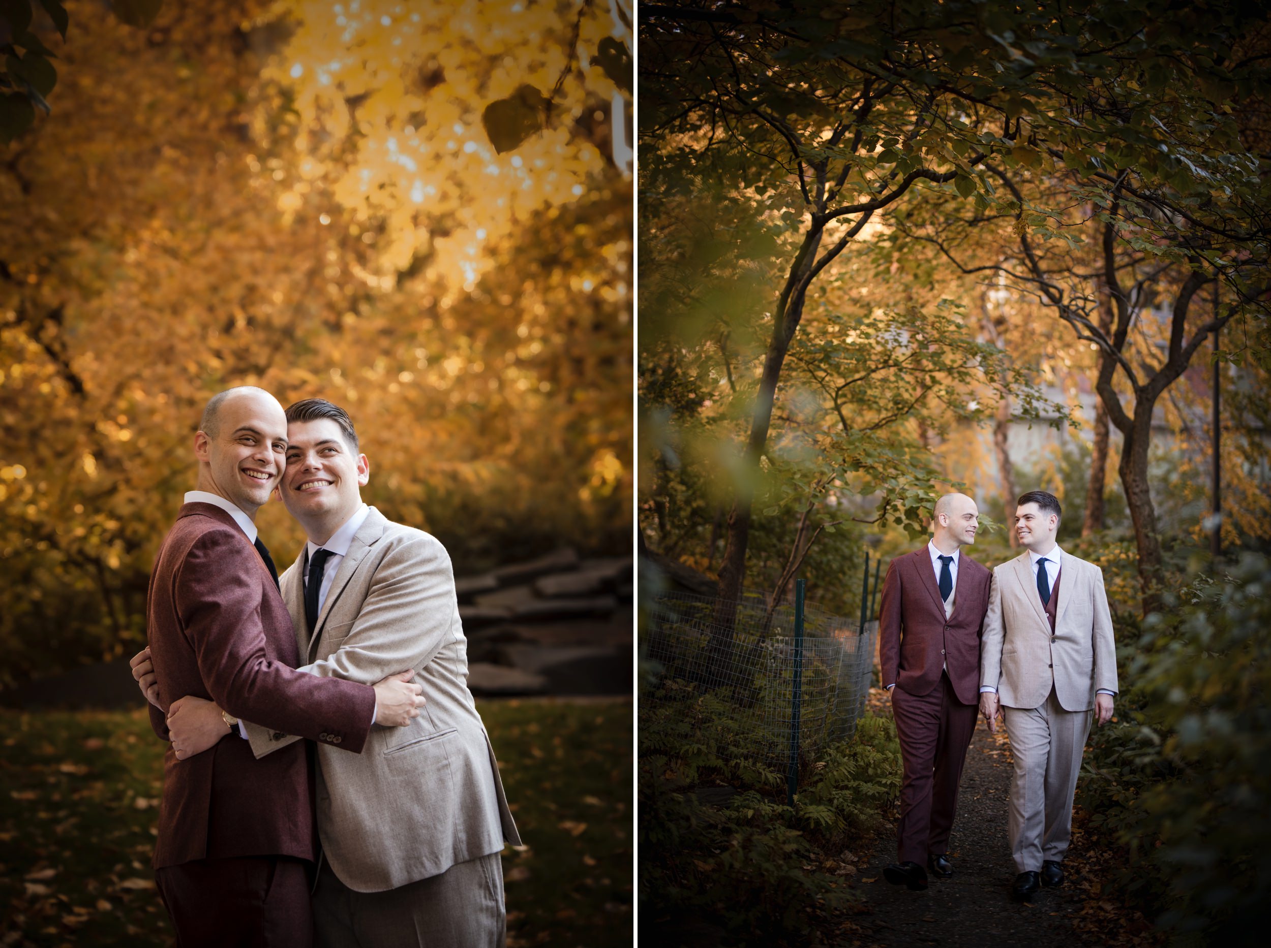 Two grooms taking wedding portraits in the fall colors of Teardrop Park in New York