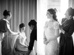 A bride is getting ready in a room with her bridesmaids for her New York wedding.