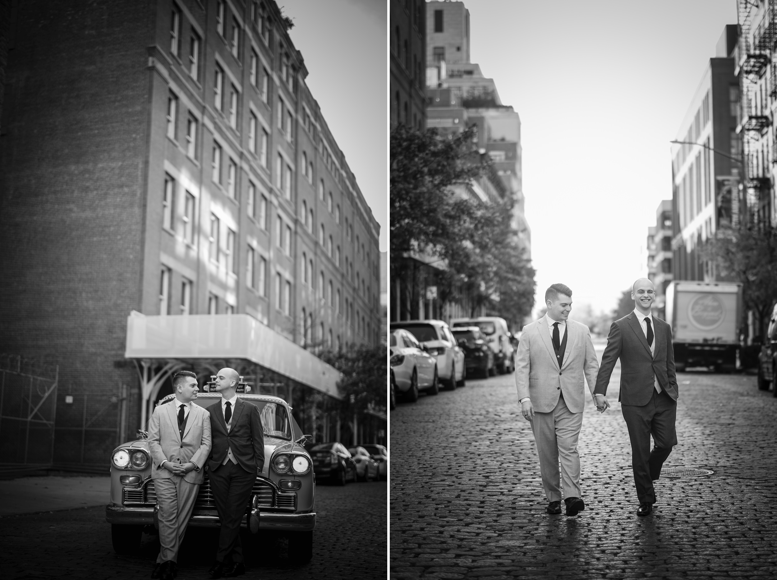 Grooms on TriBeCa cobblestone streets with a vintage New York taxicab on their wedding day