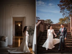 Two photos of a bride and groom walking down a staircase in New York during their wedding.