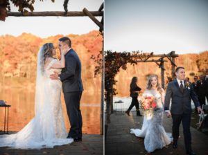 A bride and groom standing on a dock in New York.