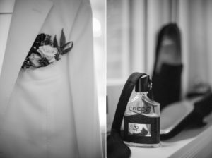 A chic pair of wedding shoes and a luxurious bottle of perfume.