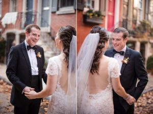Two photos of a bride and groom in front of a building in New York City.
