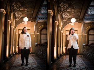 Two pictures of a man in a white tuxedo walking down a hallway at a wedding in New York.