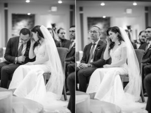 A bride and groom from New York share a tender moment, shedding tears of joy during their heartfelt wedding ceremony.