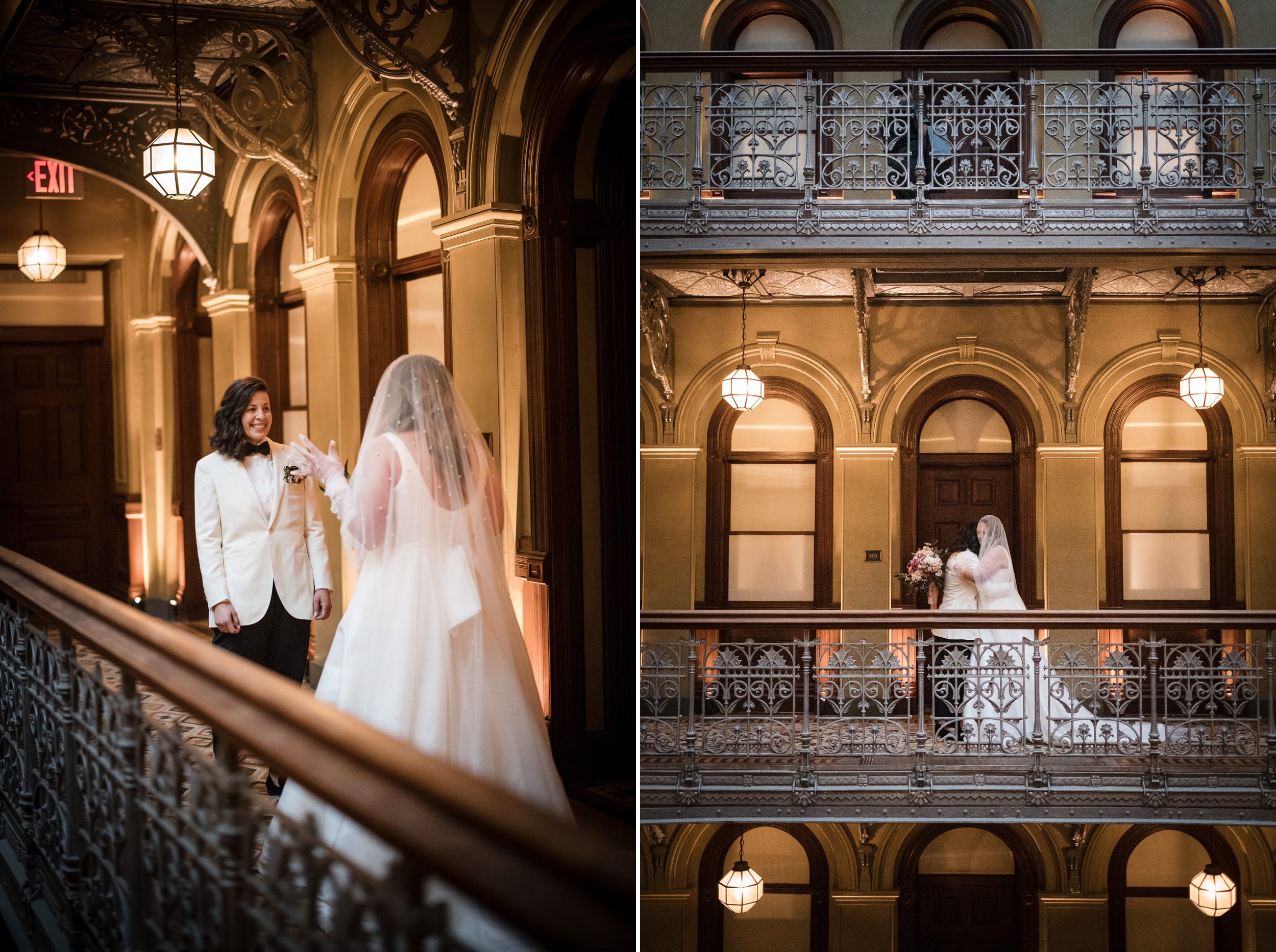 Two brides having a first look at a Beekman Hotel wedding in NYC