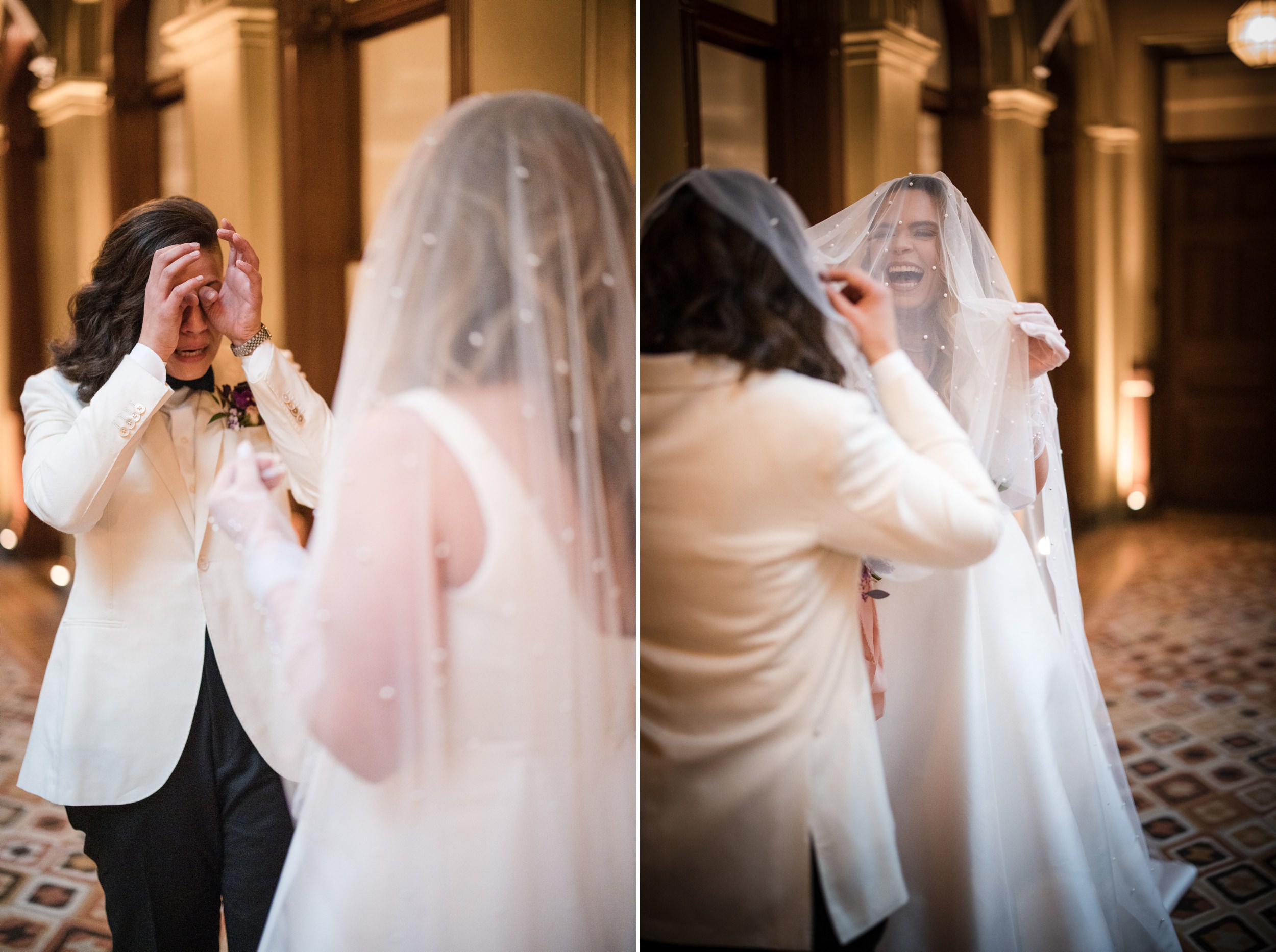 Brides seeing each other for the first time at a Beekman Hotel wedding in NYC