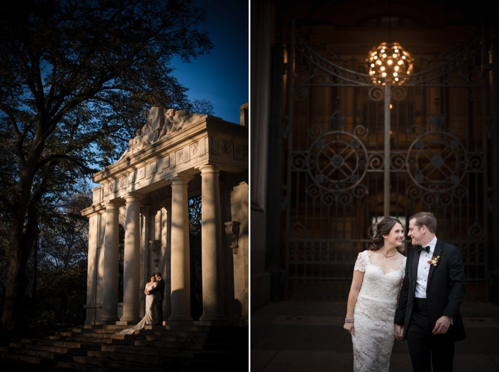 A bride and groom standing in front of an old building in philadelphia on their wedding day.